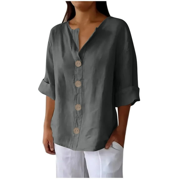 Womens Cotton Linen Dressy Blouses, 3/4 Sleeve Shirts for Women Fall Summer Lightweight Casual Plus Size Solid Color Button Down V Neck T-Shirts