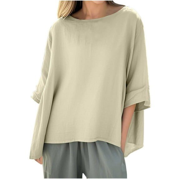 Womens Cotton Linen Dressy Blouses, 3/4 Sleeve Shirts for Women Lightweight Casual Loose Fit Solid Color Crewneck Fall Clothes