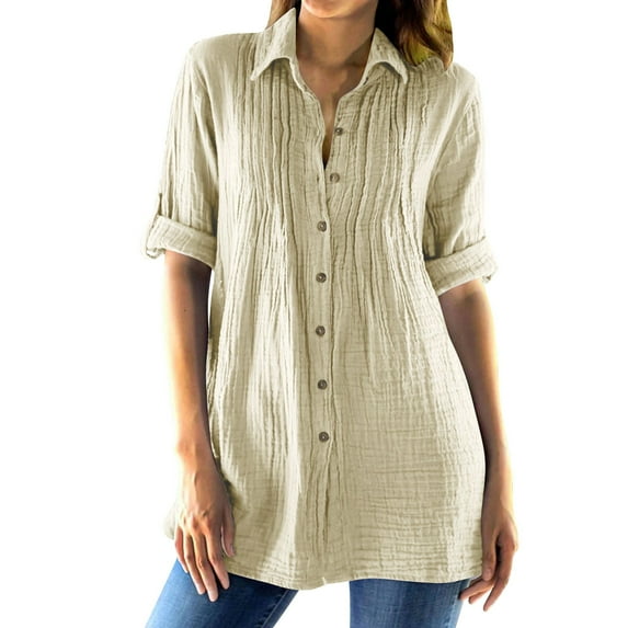 Womens Cotton Linen Dressy Blouses, 3/4 Sleeve Shirts for Women Lightweight Casual Pleated Solid Color Lapel Button Down T-Shirts