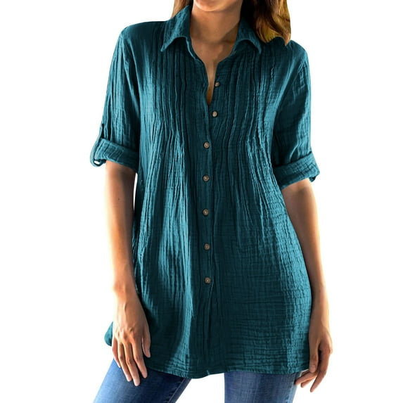 Womens Cotton Linen Dressy Blouses, 3/4 Sleeve Shirts for Women Lightweight Casual Pleated Solid Color Lapel Button Down T-Shirts