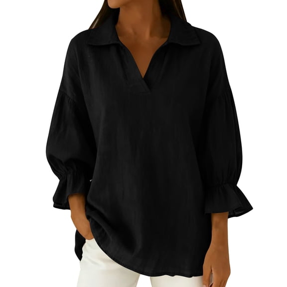 Womens Cotton Linen Dressy Blouses, 3/4 Sleeve Shirts for Women Summer Casual Lightwieght Solid Color Lapel V Neck T-Shirts