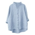 thumbnail image 1 of Womens Cotton Linen Dressy Blouses, 3/4 Sleeve Shirts for Women Summer Fall Lightweight Casual Solid Color Button Down Ruffle V Neck T-Shirts Tops, 1 of 5