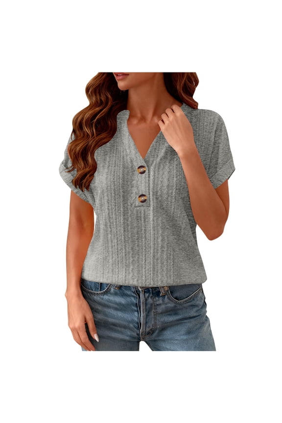 Womens Cotton Linen Dressy Blouses, Cap Short Sleeve Shirts for Women Casual Solid Color Button Up V Neck T-shirts Summer Tops