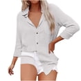 thumbnail image 1 of Womens Cotton Linen Dressy Blouses, Long Sleeve Shirts for Women Fall Lightweight Casual Loose Fit Solid Color Button Down Lapel T-Shirts with Pockets, 1 of 5
