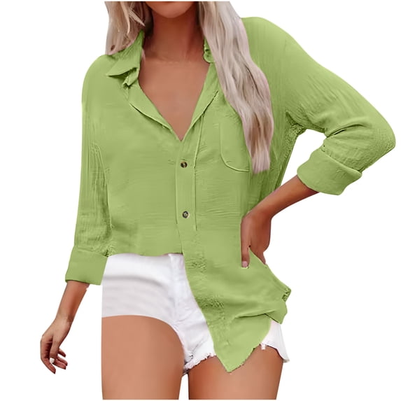 Womens Cotton Linen Dressy Blouses, Long Sleeve Shirts for Women Fall Lightweight Casual Loose Fit Solid Color Button Down Lapel T-Shirts with Pockets