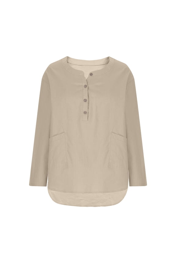 Womens Cotton Linen Dressy Blouses, Long Sleeve Shirts for Women Fall Lightweight Casual Plus Size Solid Color Button Up V Neck T-Shirts with Pockets S-5XL