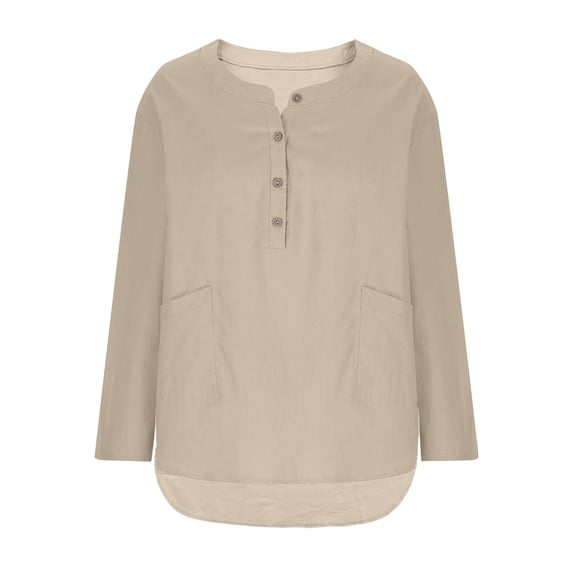 Womens Cotton Linen Dressy Blouses, Long Sleeve Shirts for Women Fall Lightweight Casual Plus Size Solid Color Button Up V Neck T-Shirts with Pockets S-5XL