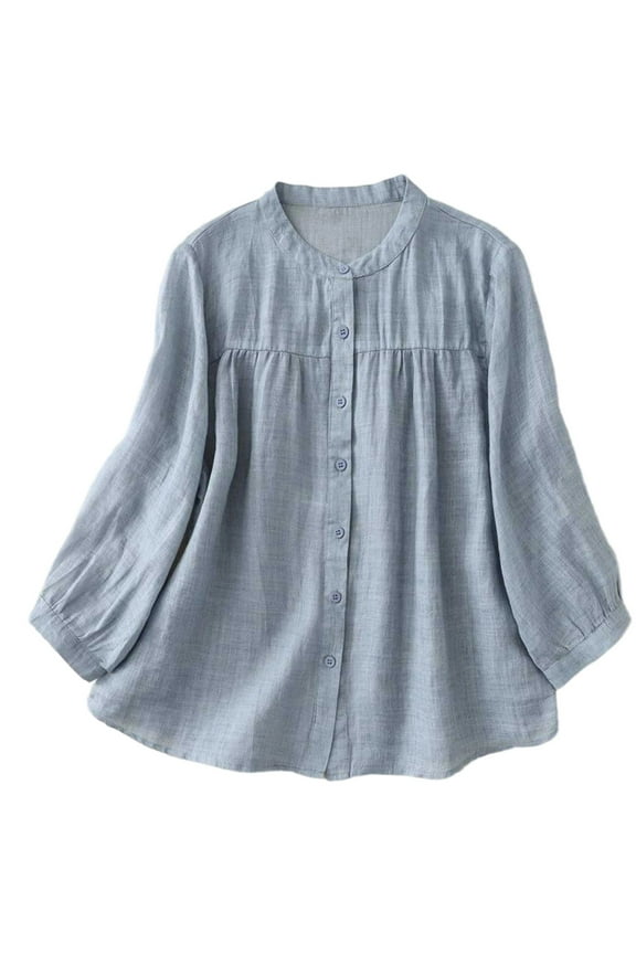 Womens Cotton Linen Dressy Blouses, Long Sleeve Shirts for Women Fall Lightweight Casual Vintage Solid Color Button Down T-Shirts M-3XL