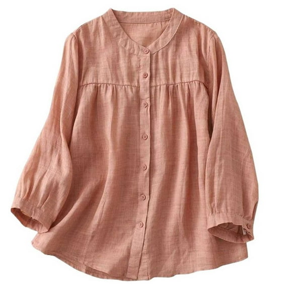 Womens Cotton Linen Dressy Blouses, Long Sleeve Shirts for Women Fall Lightweight Casual Vintage Solid Color Button Down T-Shirts M-3XL