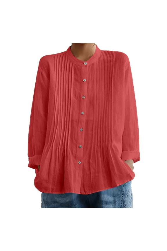 Womens Cotton Linen Dressy Blouses, Long Sleeve Shirts for Women Summer Casual Loose Fit Ribbed Crewneck Button Down T-Shirts