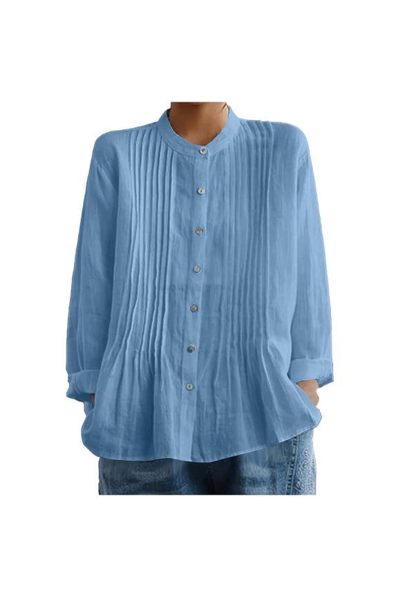 Womens Cotton Linen Dressy Blouses, Long Sleeve Shirts for Women Summer Casual Loose Fit Ribbed Crewneck Button Down T-Shirts