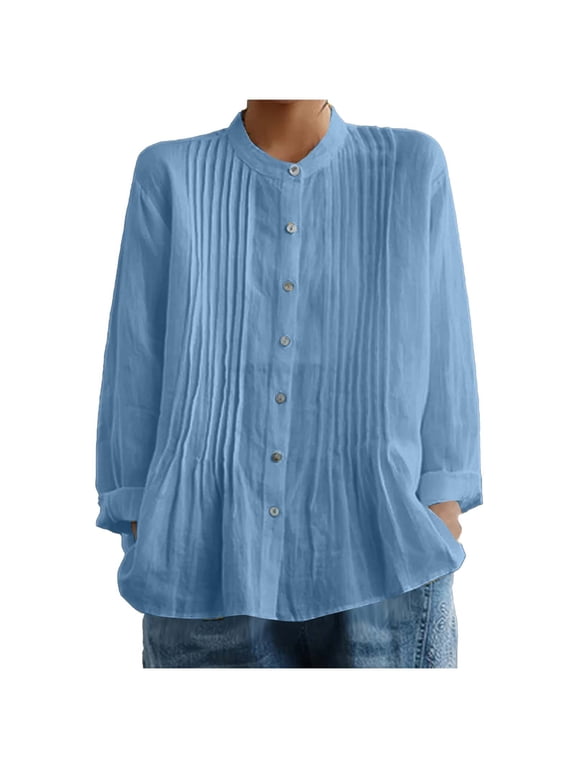 Womens Cotton Linen Dressy Blouses, Long Sleeve Shirts for Women Summer Casual Loose Fit Ribbed Crewneck Button Down T-Shirts