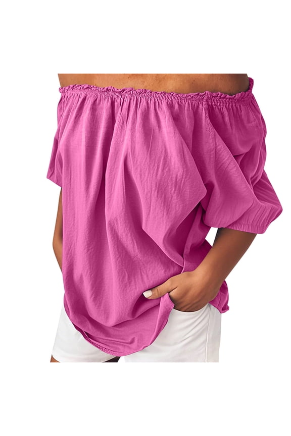 Womens Cotton Linen Dressy Blouses, Off Shoulder Tops for Women Summer Plus Size Casual Solid Color Ruffle Short Sleeve Shirts