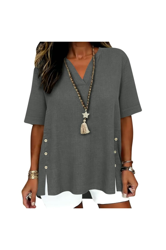 Womens Cotton Linen Dressy Blouses, Short Sleeve Shirts for Women Summer Casual Loose Fit Lightweight Side Slit V Neck T-Shirts with Oblique Buttons