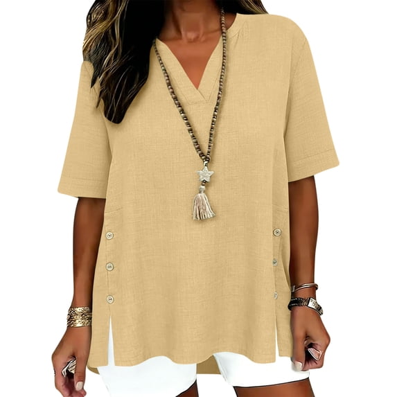 Womens Cotton Linen Dressy Blouses, Short Sleeve Shirts for Women Summer Casual Loose Fit Lightweight Side Slit V Neck T-Shirts with Oblique Buttons