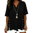 thumbnail image 1 of Womens Cotton Linen Dressy Blouses, Short Sleeve Shirts for Women Summer Casual Loose Fit Lightweight Side Slit V Neck T-Shirts with Oblique Buttons, 1 of 5