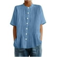 thumbnail image 1 of Womens Cotton Linen Dressy Blouses, Short Sleeve Shirts for Women Summer Casual Loose Fit Ribbed Crewneck Button Down T-Shirts, 1 of 5