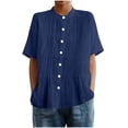 thumbnail image 1 of Womens Cotton Linen Dressy Blouses, Short Sleeve Shirts for Women Summer Casual Loose Fit Ribbed Crewneck Button Down T-Shirts, 1 of 5