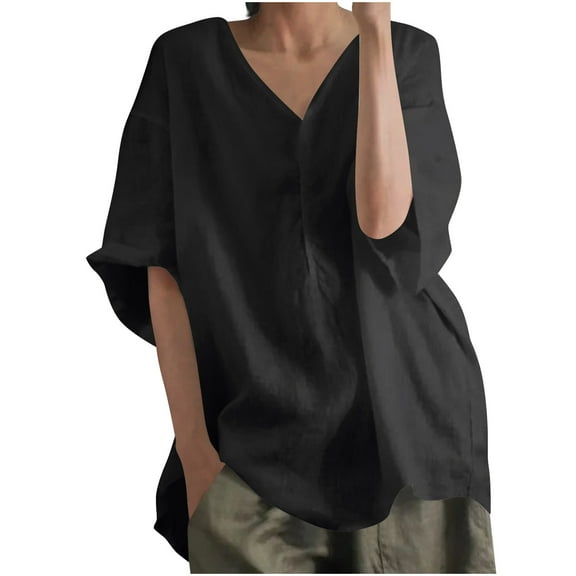 Womens Cotton Linen Dressy Blouses, Short Sleeve Shirts for Women Summer Casual Loose Fit Solid Color V Neck T-Shirts