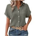 thumbnail image 1 of Womens Cotton Linen Dressy Blouses, Short Sleeve Shirts for Women Summer Lightweight Casual Solid Color Button Down Lapel T-Shirts with Pockets, 1 of 5