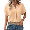 thumbnail image 1 of Womens Cotton Linen Dressy Blouses, Short Sleeve Shirts for Women Summer Lightweight Casual Solid Color Button Down Lapel T-Shirts with Pockets, 1 of 5