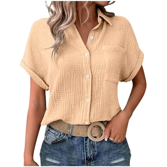 Womens Cotton Linen Dressy Blouses, Short Sleeve Shirts for Women Summer Lightweight Casual Solid Color Button Down Lapel T-Shirts with Pockets