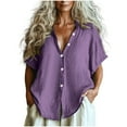 thumbnail image 1 of Womens Cotton Linen Dressy Blouses, Short Sleeve Shirts for Women Summer Ligthweight Casual Solid Color Lapel Button Down T-Shirts, 1 of 5