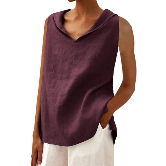 Womens Cotton Linen Dressy Blouses, Sleeveless Shirts for Women Lightweight Casual Solid Color Lapel V Neck Tank Tops