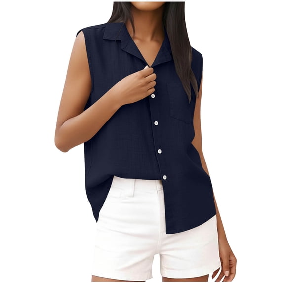 Womens Cotton Linen Dressy Blouses, Sleeveless Shirts for Women Summer Casual Solid Color Lapel Button Down Vests Tank Tops with Pockets
