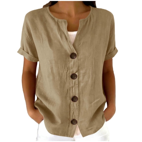 Womens Cotton Linen Dressy Blouses, Summer Tops for Women Casual Lightweight V Neck Short Sleeve Shirts with Buttons Mothers Day Gifts
