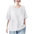 thumbnail image 1 of Womens Cotton Linen Dressy Blouses, Summer Tops for Women Casual Loose Fit Vintage Solid Color Crewneck Short Sleeve Shirts S-3XL, 1 of 5