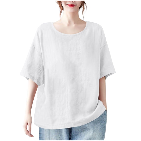 Womens Cotton Linen Dressy Blouses, Summer Tops for Women Casual Loose Fit Vintage Solid Color Crewneck Short Sleeve Shirts S-3XL