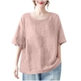 thumbnail image 1 of Womens Cotton Linen Dressy Blouses, Summer Tops for Women Casual Loose Fit Vintage Solid Color Crewneck Short Sleeve Shirts S-3XL, 1 of 5