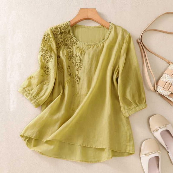 Womens Cotton Linen Embroidered 3/4 Sleeve Summer Crew Neck Tops 2026 Summer Casual Solid Color Oversized Tshirts for Women Yellow XXXL