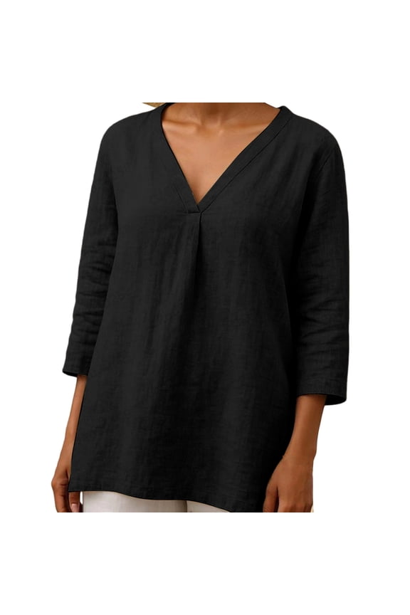 Womens Cotton Linen Fall Clothes, 3/4 Sleeve Shirts for Women Plus Size Casual Solid Color V Neck Dressy Blouses Mothers Gifts