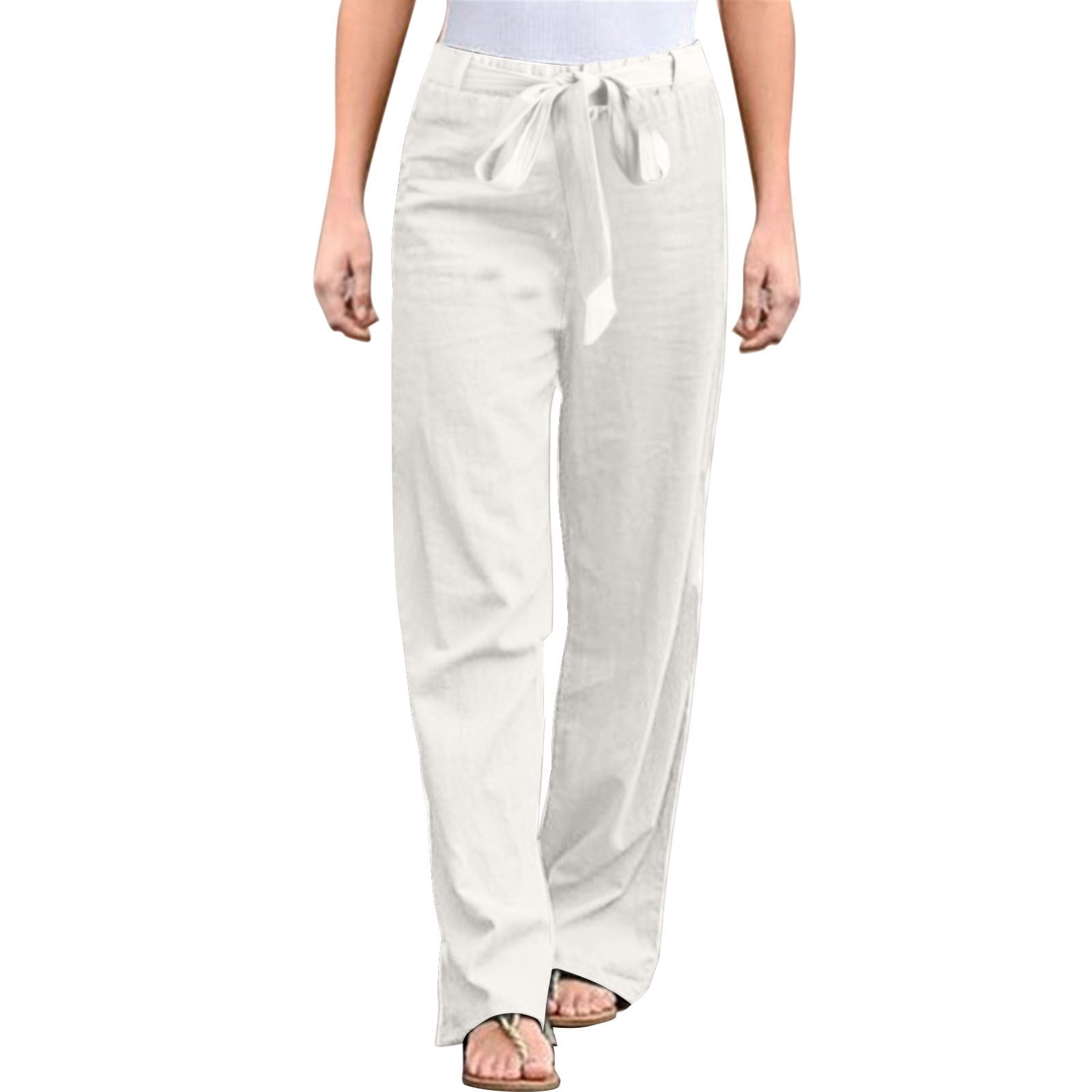 Womens Cotton Linen Fashion Long Pant Elastic Waist High