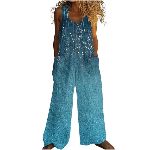 Womens Cotton Linen Floral Print Button Overalls Jumpsuit Summer Fashion Oversize Jumpsuits Rompers Pants With Pockets