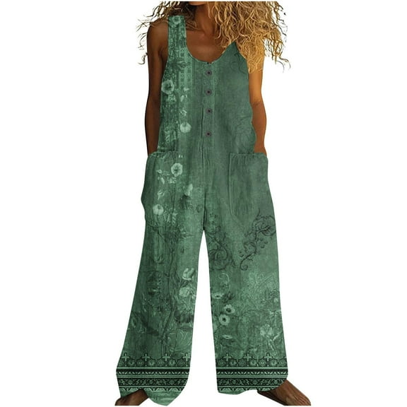 Womens Cotton Linen Floral Print Button Overalls Jumpsuit Summer Fashion Oversize Jumpsuits Rompers Pants With Pockets