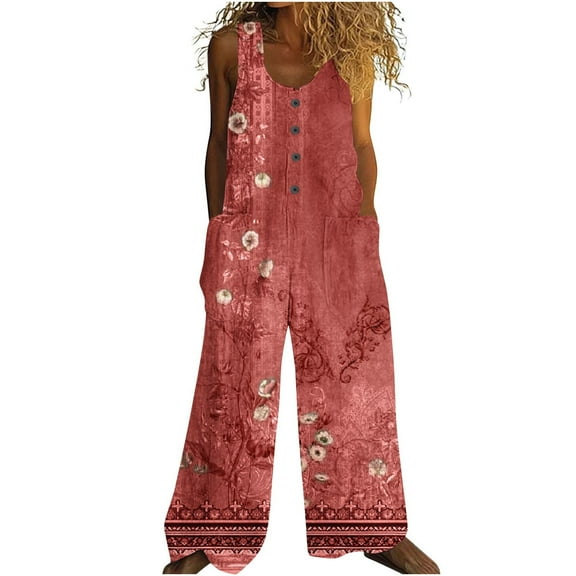 Womens Cotton Linen Floral Print Button Overalls Jumpsuit Summer Fashion Oversize Jumpsuits Rompers Pants With Pockets