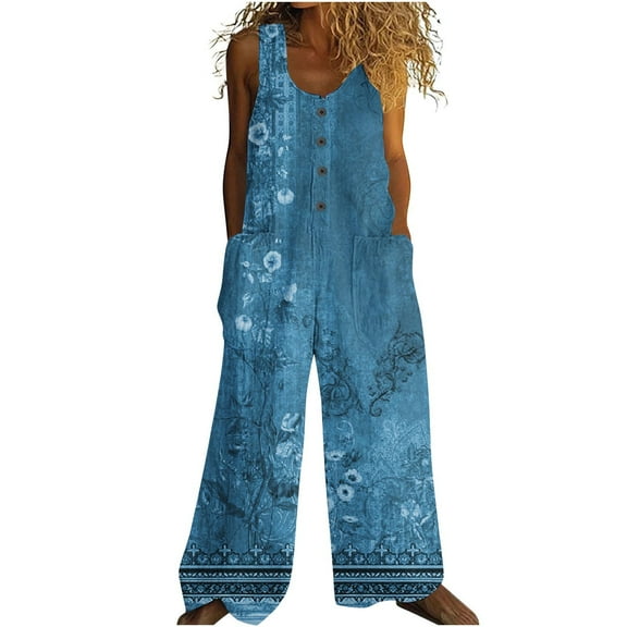 Womens Cotton Linen Floral Print Button Overalls Jumpsuit Summer Fashion Oversize Jumpsuits Rompers Pants With Pockets