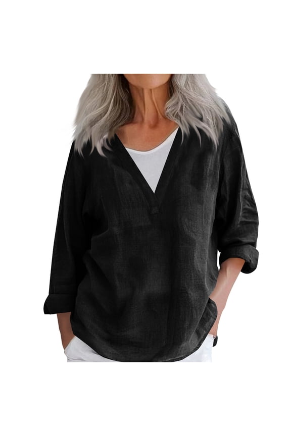 Womens Cotton Linen Gauze Shirts Oversized Long Sleeve Summer V Neck Peasant Blouses Loose Fit Casual Pullover Tops