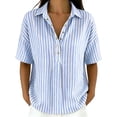 thumbnail image 1 of Womens Cotton Linen Gauze Tops Summer Button Down V Neck Half Sleeve Shirts Dressy Casual Clothes Striped Blouses Loose Boho Blouses Collared Fitted Tops Summer Business Outfits Linen Tunic Tops, 1 of 8