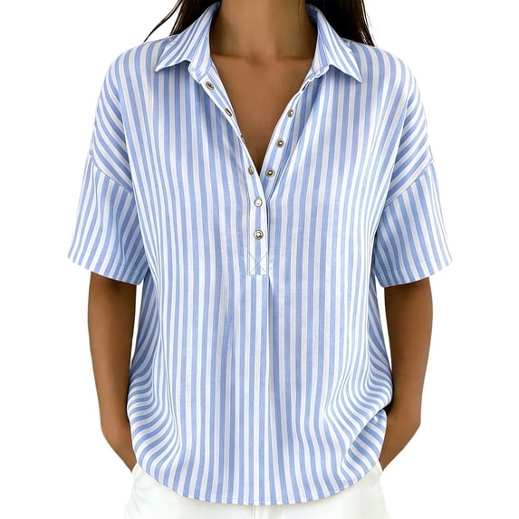 Womens Cotton Linen Gauze Tops Summer Button Down V Neck Half Sleeve Shirts Dressy Casual Clothes Striped Blouses Loose Boho Blouses Collared Fitted Tops Summer Business Outfits Linen Tunic Tops