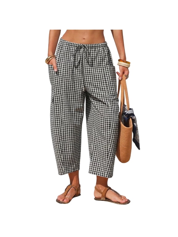 Womens Cotton Linen Gingham Barrel Capri Pants Plaid Palazzo Trousers Harem Pants Pockets Summer Beach Vacation, XL