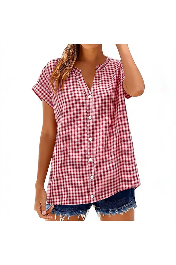 Womens Cotton Linen Gingham Plaid Button Down Shirts 3/4 Sleeve V Neck Loose Fit Y2K Lightweight Dressy Casual Business Casual Office Tops
