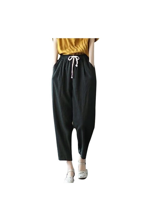 Womens Cotton Linen Harem Pants Summer Casual Tapered Cropped Baggy Lounge Trouser Lightweight Loose Yoga Capri Pants
