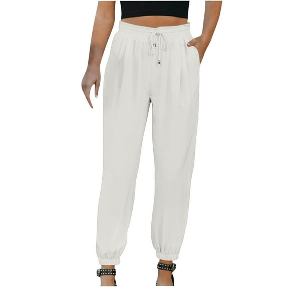 Womens Cotton Linen High Waist Pants Casual Solid Drawstring Joggers Workout Athletic Sports Pants for Summer