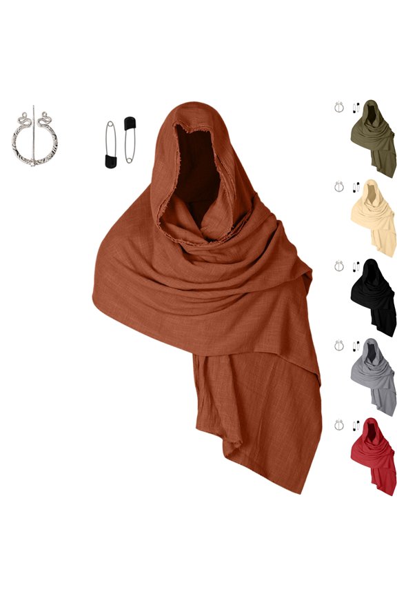 Womens Cotton Linen Hooded Scarf Cowl Halloween Cloak Wrap Shawl Poncho Cape with Pin for Renaissance Costume Witch Dress Up, Brown, Free Size