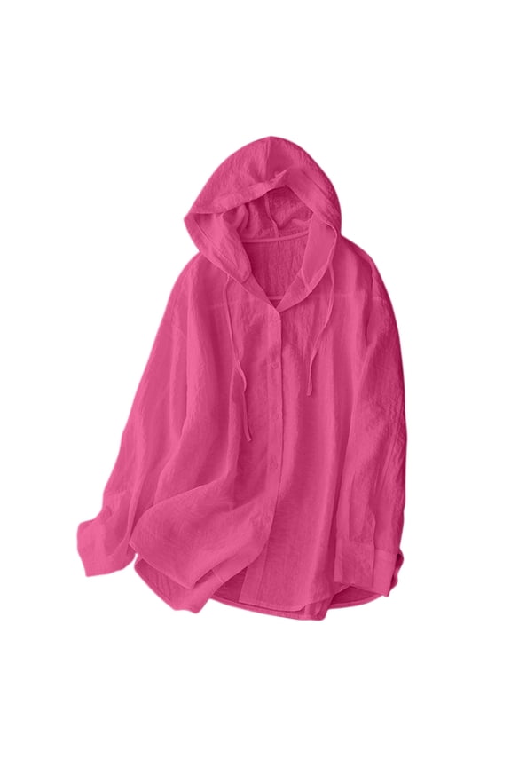 Womens Cotton Linen Hoodie Tops Fall Lightweight Hooded Long Sleeve Shirts Dressy Casual Button Down Blouses