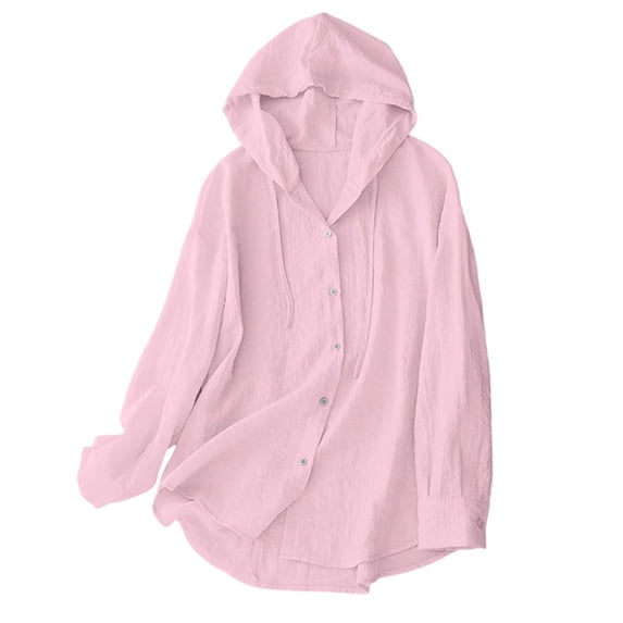 Womens Cotton Linen Hoodies Sun Protection Lightweight Beach Shirt Long Sleeve Button Down Sun Shirts Cover Ups Pink